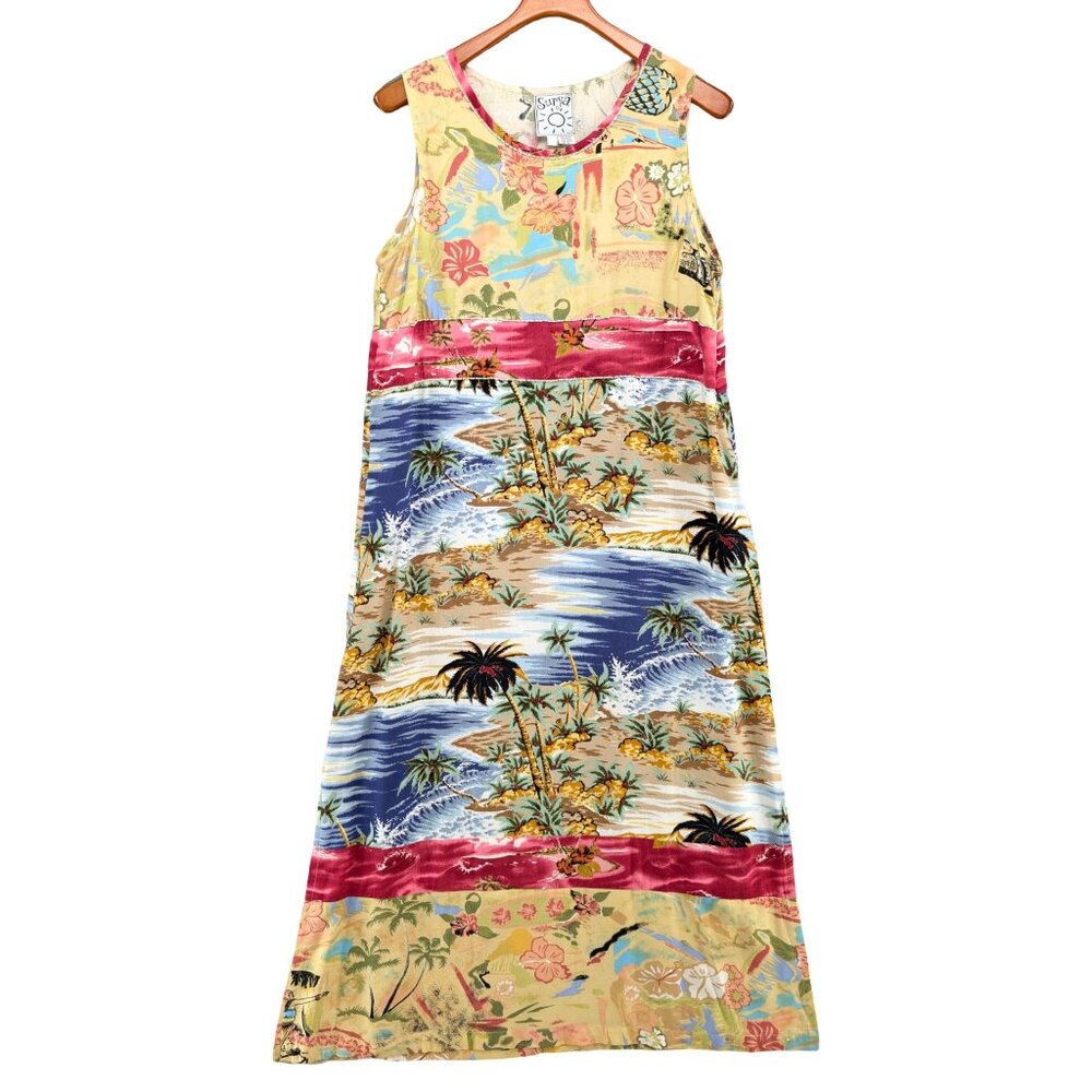 Surya Tropical Maxi Dress Multicolor Hawaiian Sleeveless Beaded Trim Size L